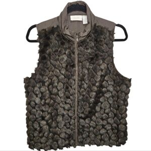 Chico's Size 1 Faux Fur Vest in Brown Green Sleeveless Zip Front Small / Medium